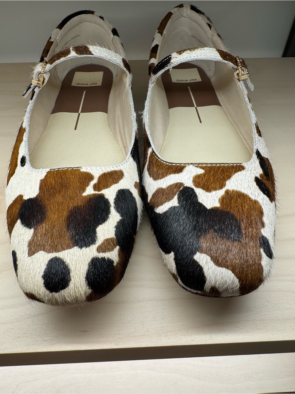 Dolce Vita Brown and White Cow-Print Mary Jane Flats with Strap - Picture 8 of 13